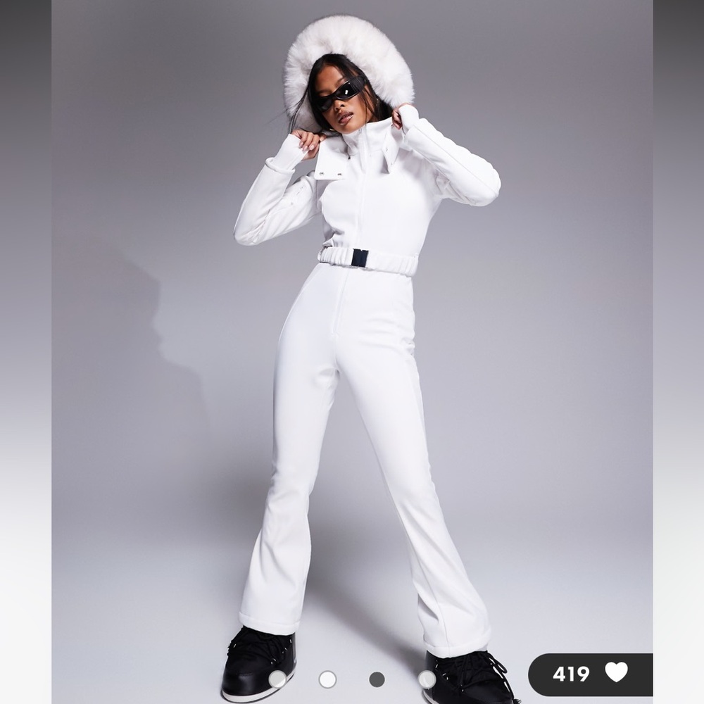 4505 ASOS | Petite Ski belted ski suit | slim kick legs | faux fur hood
